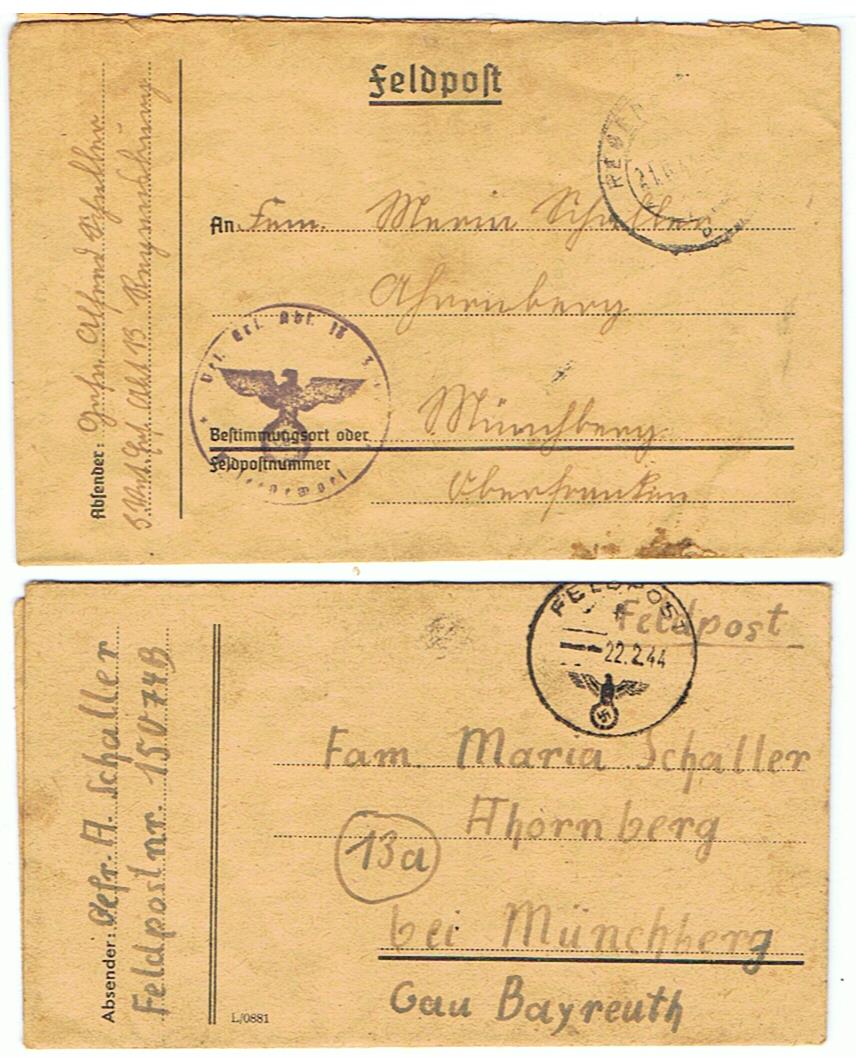 Two field post letters Polen Regensburg 1943-1944 Artillerie-Regiment 168 68.ID