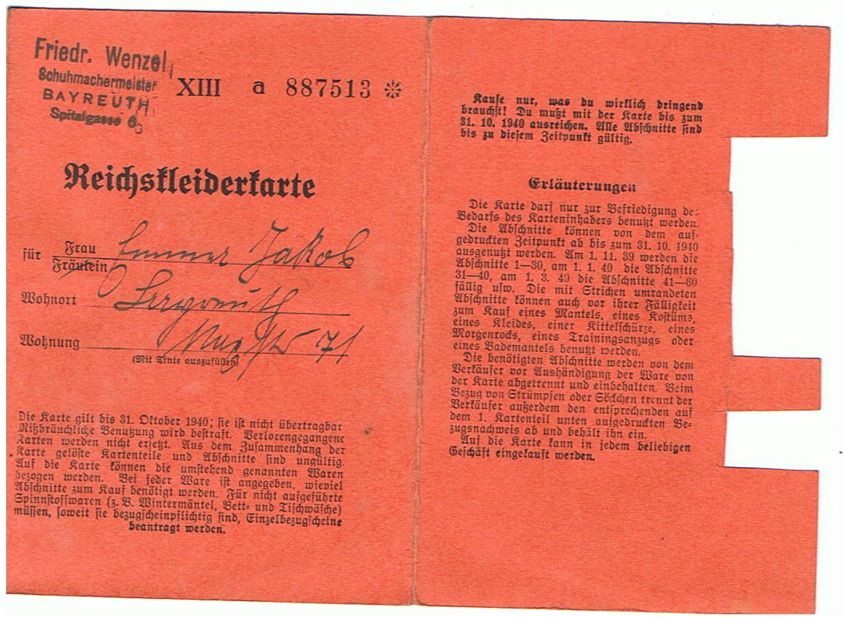 Clothing ration card Reichskleiderkarte Bayreuth 1940