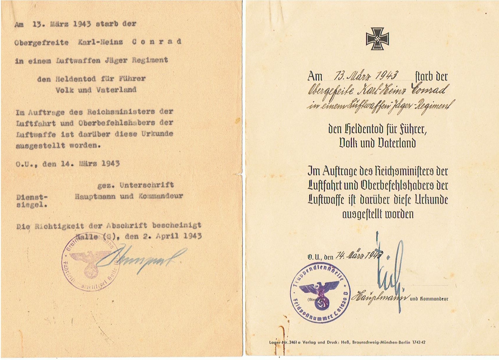 Documents and photos Obergefreiter Luftwaffe Jäger-Regiment 17 KIA 1943 Fumusi - Image 2