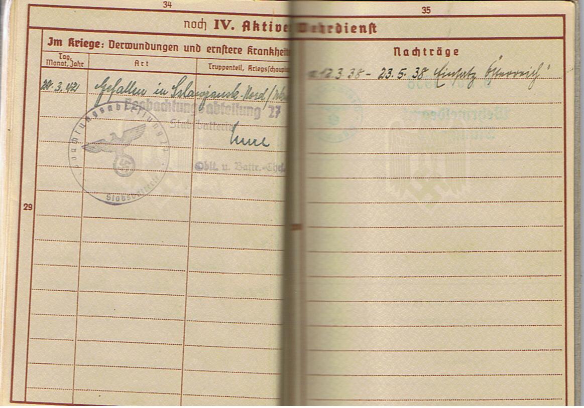 Wehrpass NCO Artillerie Beobachtungs-Abteilung 27 France Russia KIA 1942 Ukraine - Image 13