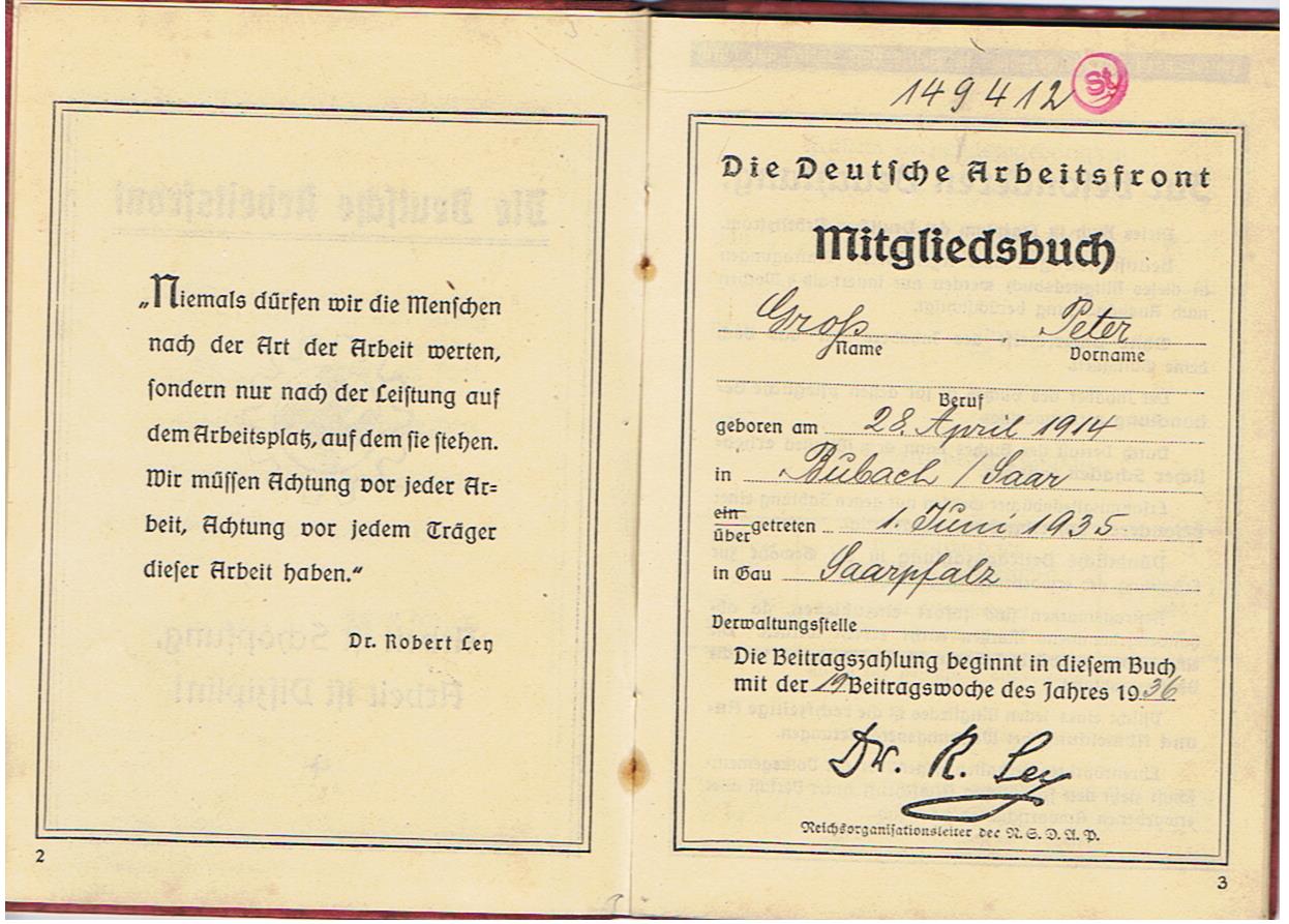 DAF memberships booklet man Bubach Saarpfalz 1936-1939 - Image 2