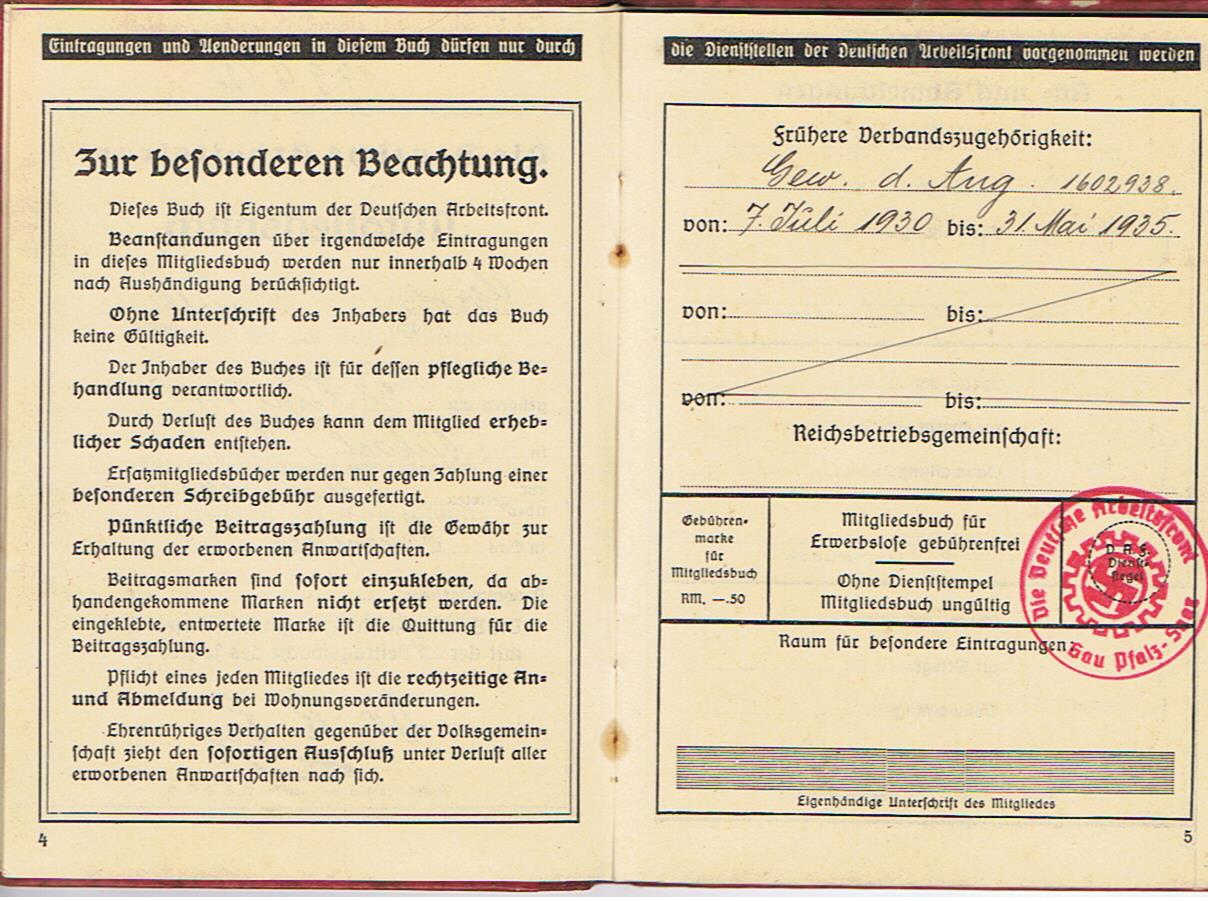 DAF memberships booklet man Bubach Saarpfalz 1936-1939 - Image 3