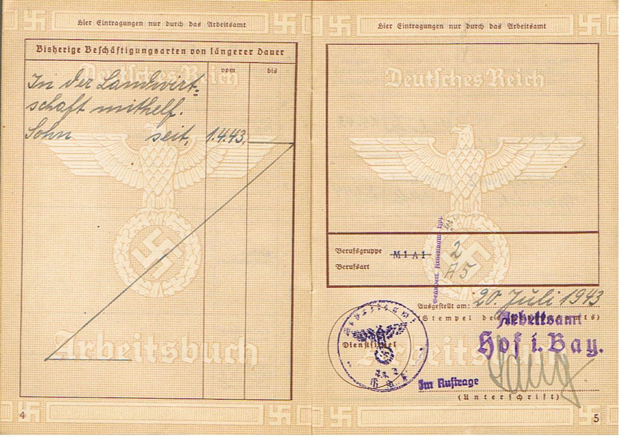 Third Reich labor pass wood worker boy Walpenreuth Hof 1943 - Image 3