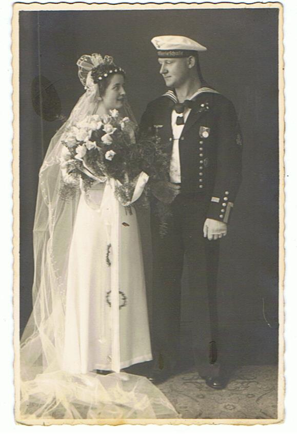 Postcard sized wedding photo Kriegsmarine soldier Artillerieschule Steglitz