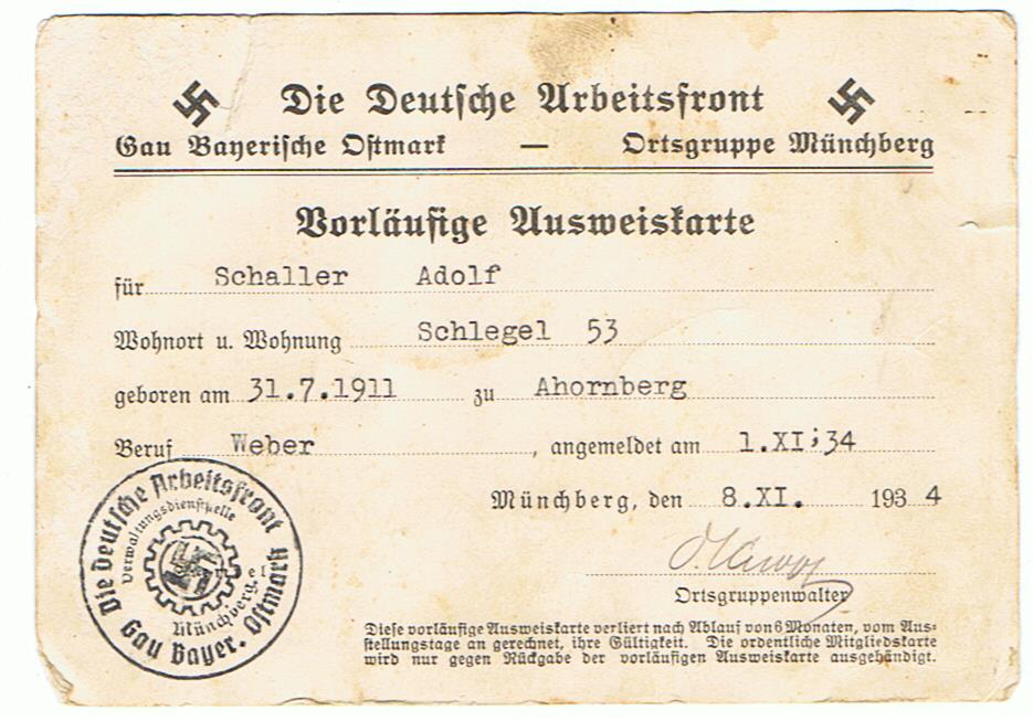 Temporary ID card Deutsche Arbeitsfront DAF 1934 Gau Bayerische Ostmark