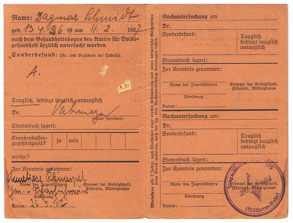 HJ BDM Gesundheitspass medical pass Mülheim 1937 - Image 2