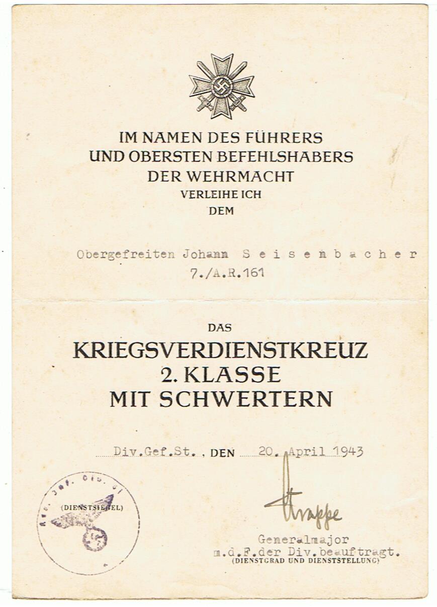 KVK2 Obergefreiter Artillerie 61.Infanterie-Division Wolchow Russia 1943