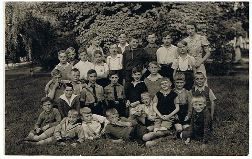 Postcard sized school photo with two HJ boys