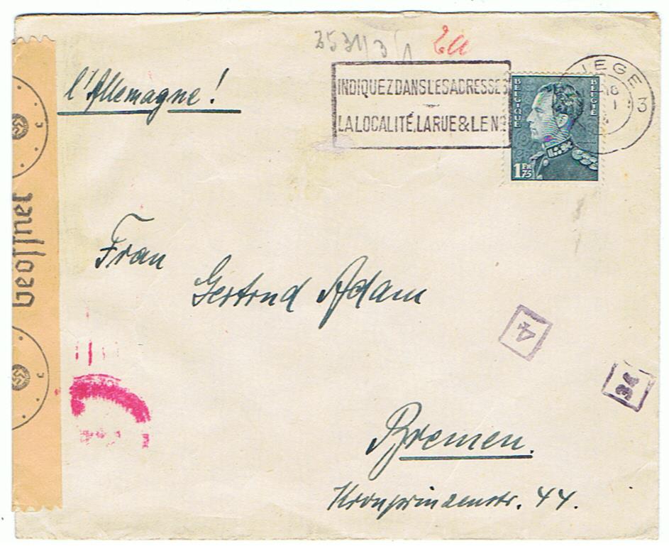 Censored envelope Luik Belgium Bremen Germany