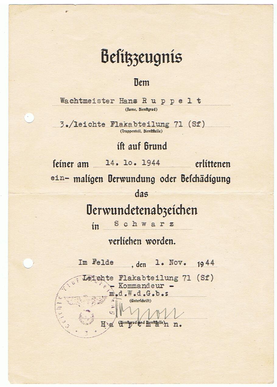 Wound Badge Black Wachtmeister Flak-Abteilung 71 Eastern Prussia 1944