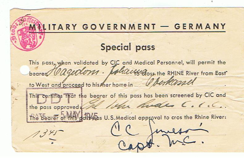 Military Government Germany special pass for crossing Rhine 1945