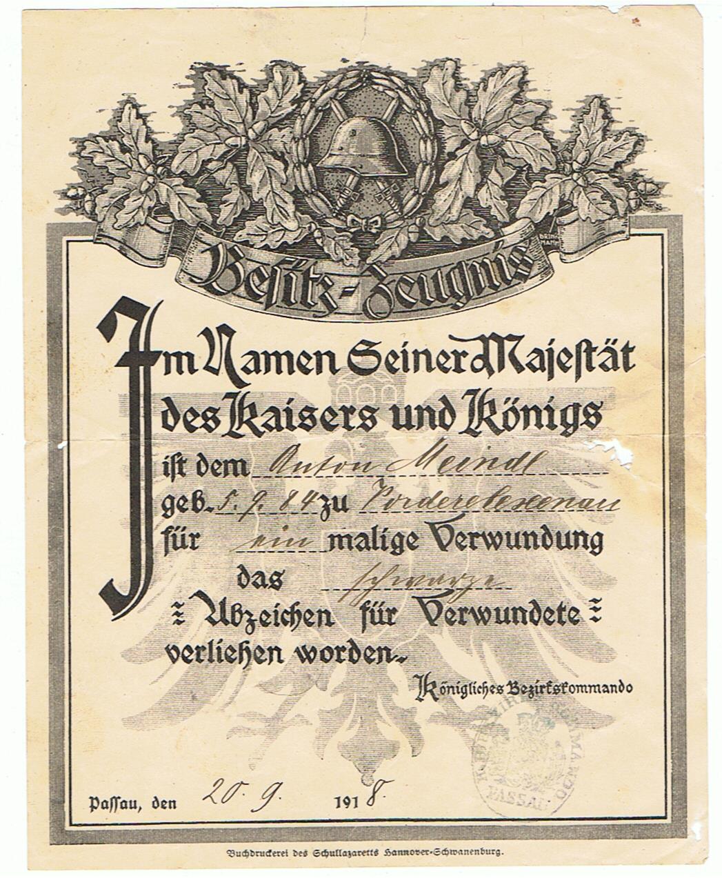 Wound Badge in Black citation Passau 1918