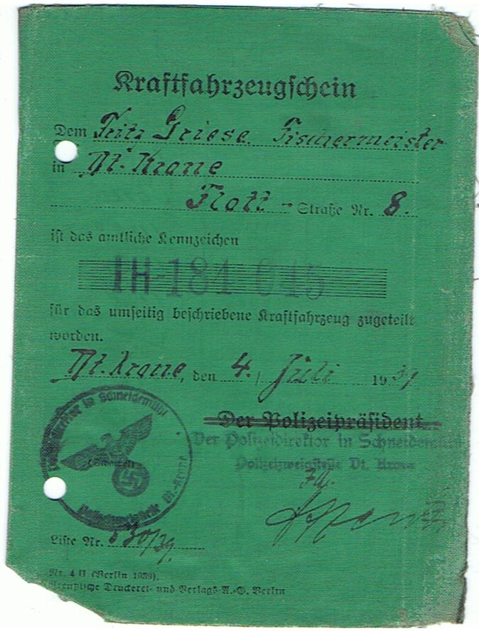 Vehicle registration license Opel truck Deutsch Krone 1939