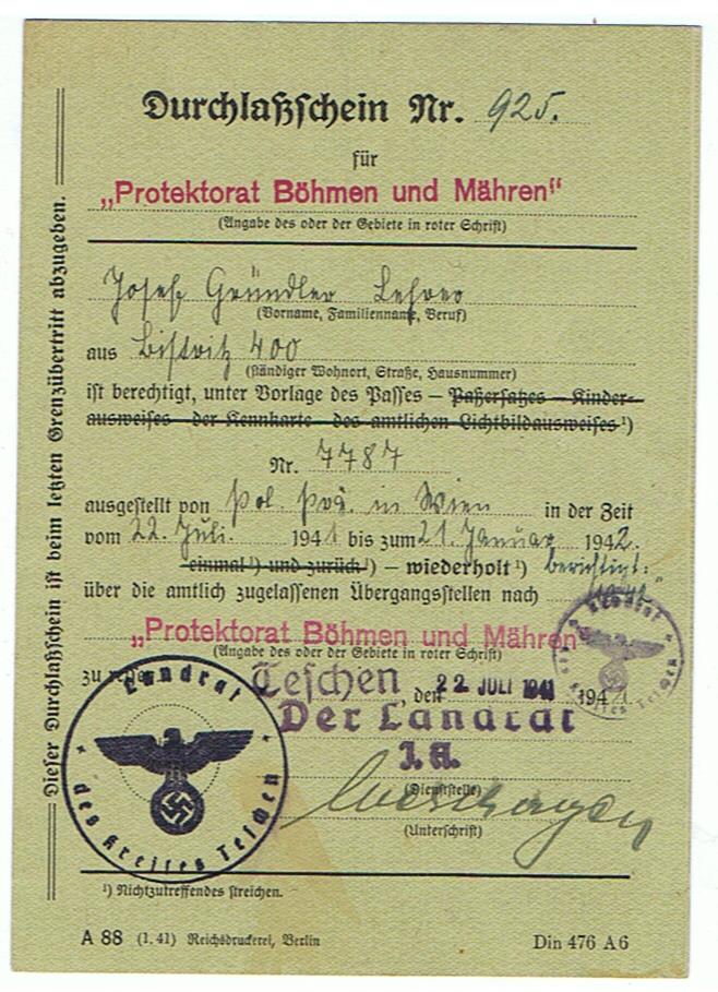 Border pass Protektorat Böhmen und Mähren teacher Teschen 1941