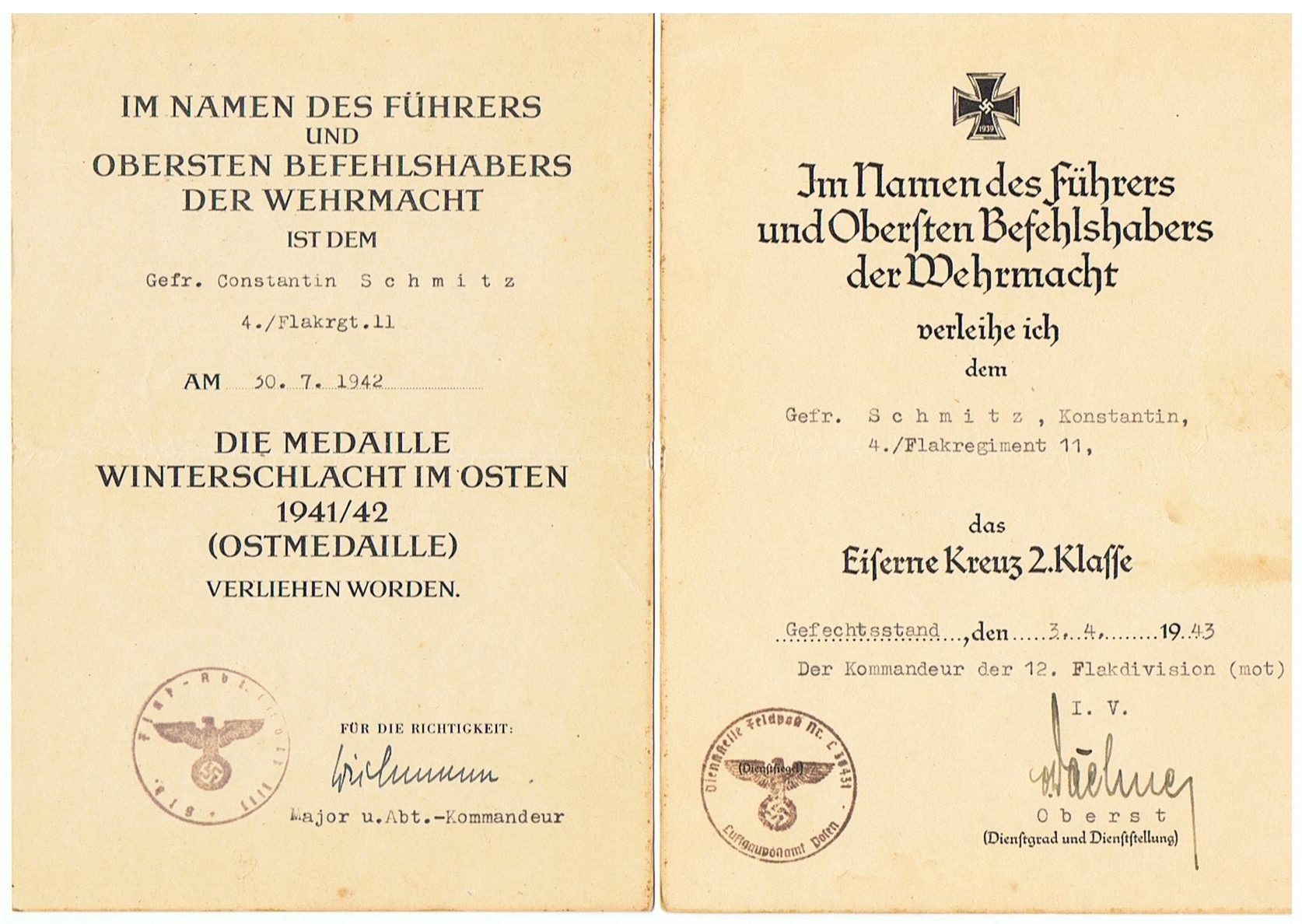 EK2 and Ostmedaille Gefreiter 12.Flak-Division Russia Orel 1942-1943