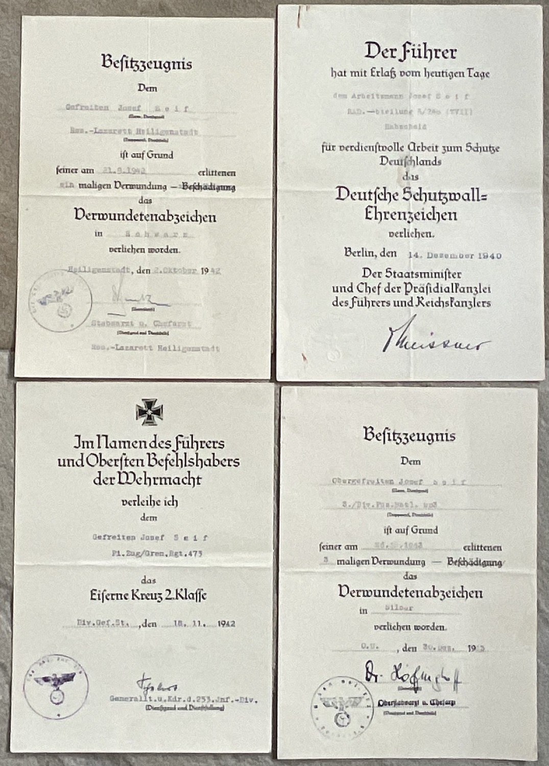 Four award documents RAD Obergefreiter Infantry 253.Infanterie-Division Russia