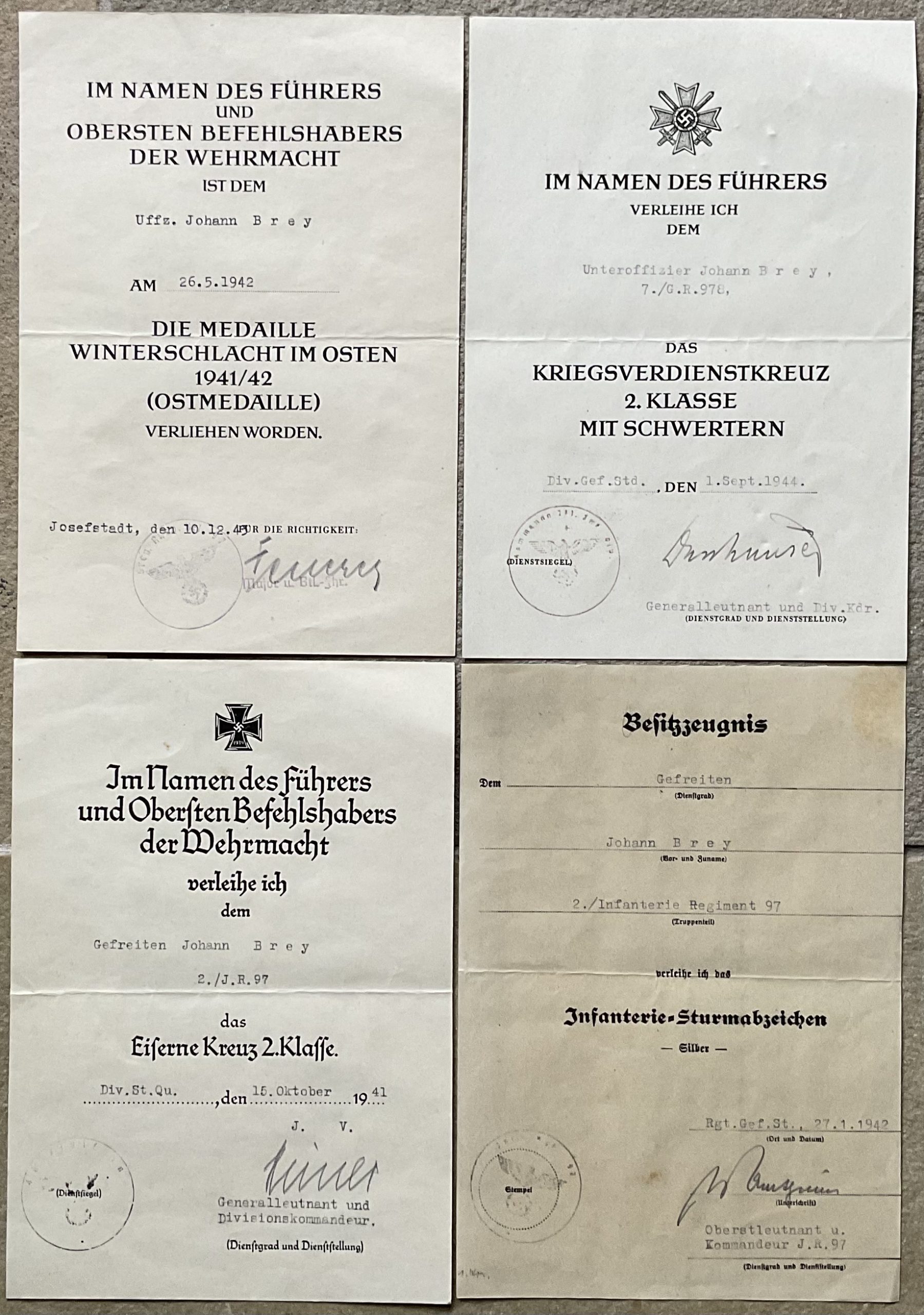 Award documents 4x NCO IR97 46.ID Russia GR978 271.ID Normandy France 1944