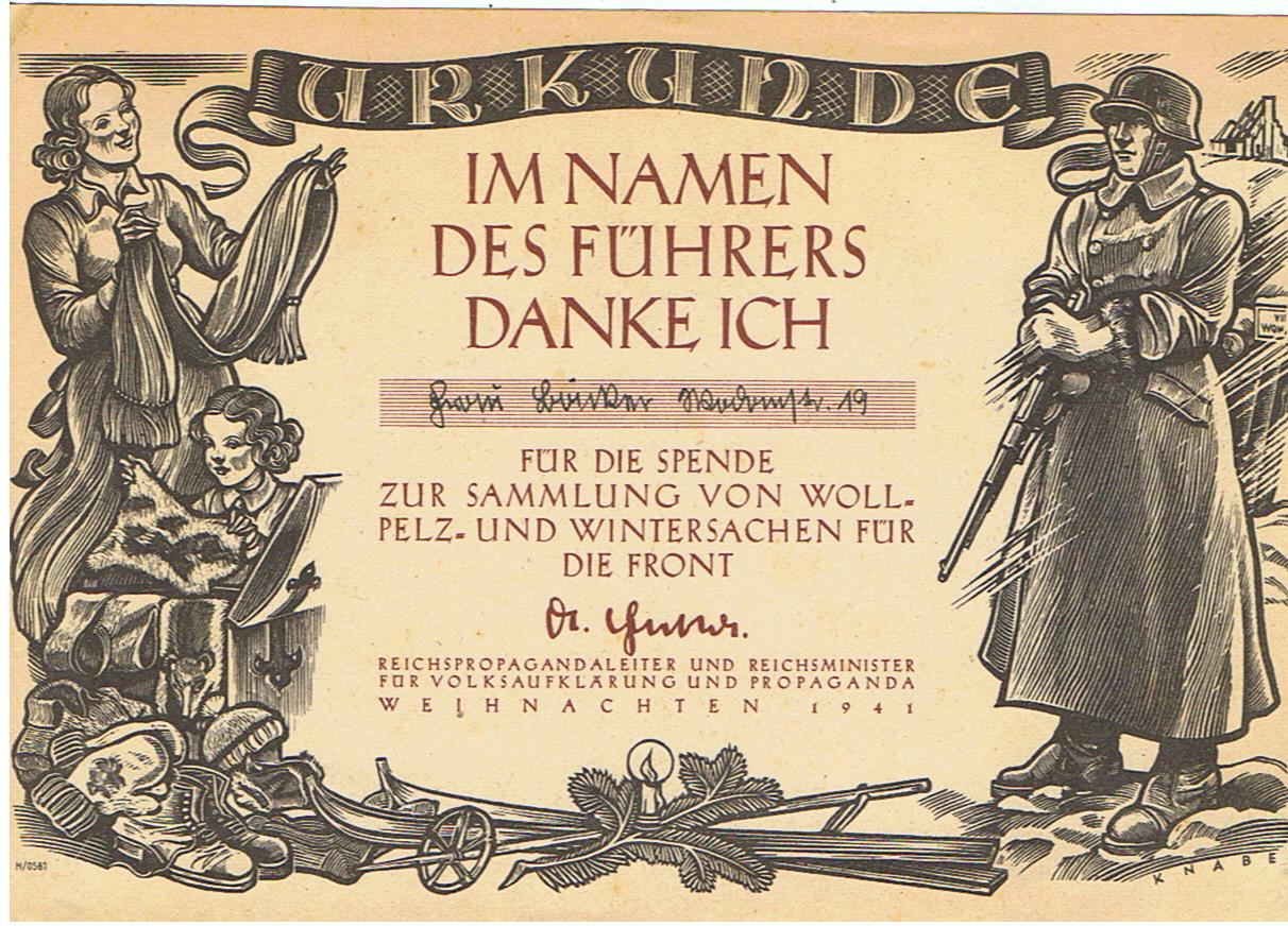 Donation certificate 1941 wool and winter clothing for the front