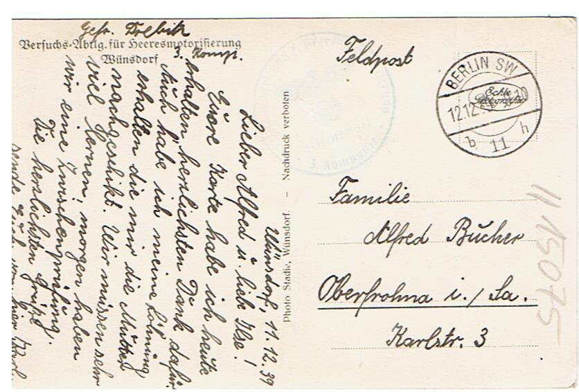 Postcard fieldpost Versuchs-Abteilung für Heeresmotorisierung Wünsdorf 1939 - Image 2
