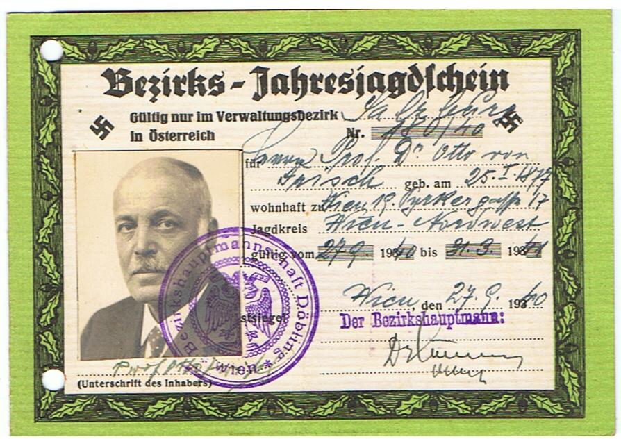 Hunting license Bezirks-Jahresjagdschein 1940-1941 Vienna Austria