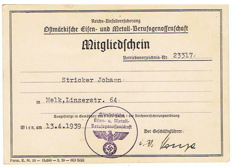 Memberships card Ostmärkische Eisen- und Metall-Berufsgenossenschaft Melk Austria 1939