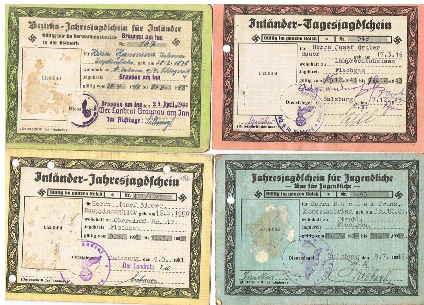 Lot 4x hunting license Salzburg and Brauna am Inn Austria 1941-1944 pass photos removed