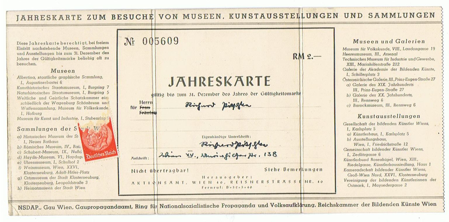 Jahreskarte 1941 Kunstausstellungen Museen und Sammlungen NSDAP Gau Wien Austria - Image 2