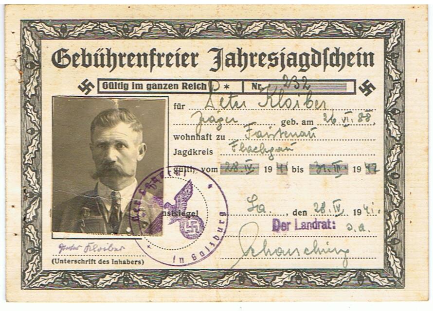 Hunting license Gebührenfreier Jahresjagdschein Salzburg Austria 1941-1942