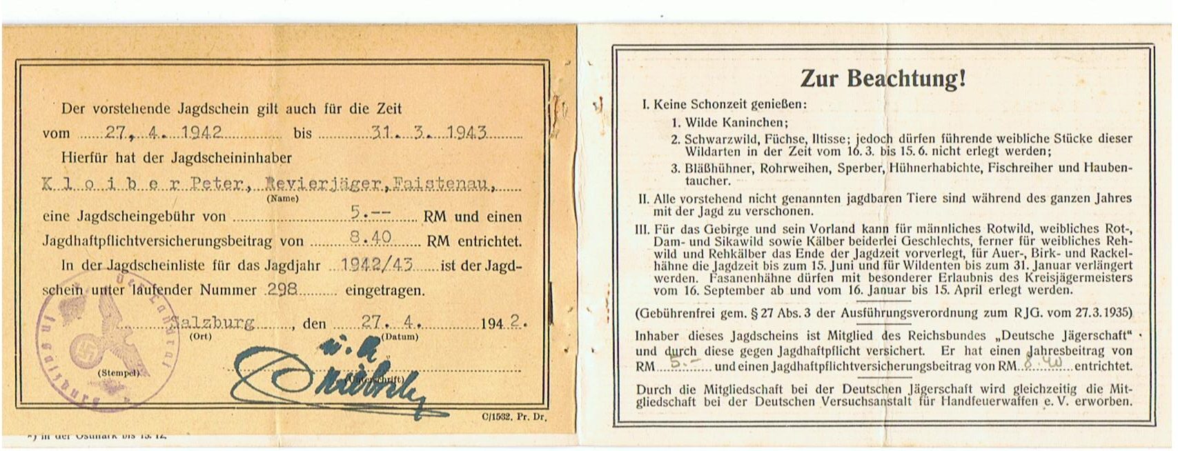 Hunting license Gebührenfreier Jahresjagdschein Salzburg Austria 1941-1942 - Image 2