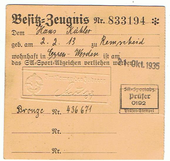 SA proficiency badge pass and certificate SA Standarte 60 Gross-Essen-Süd - Image 9