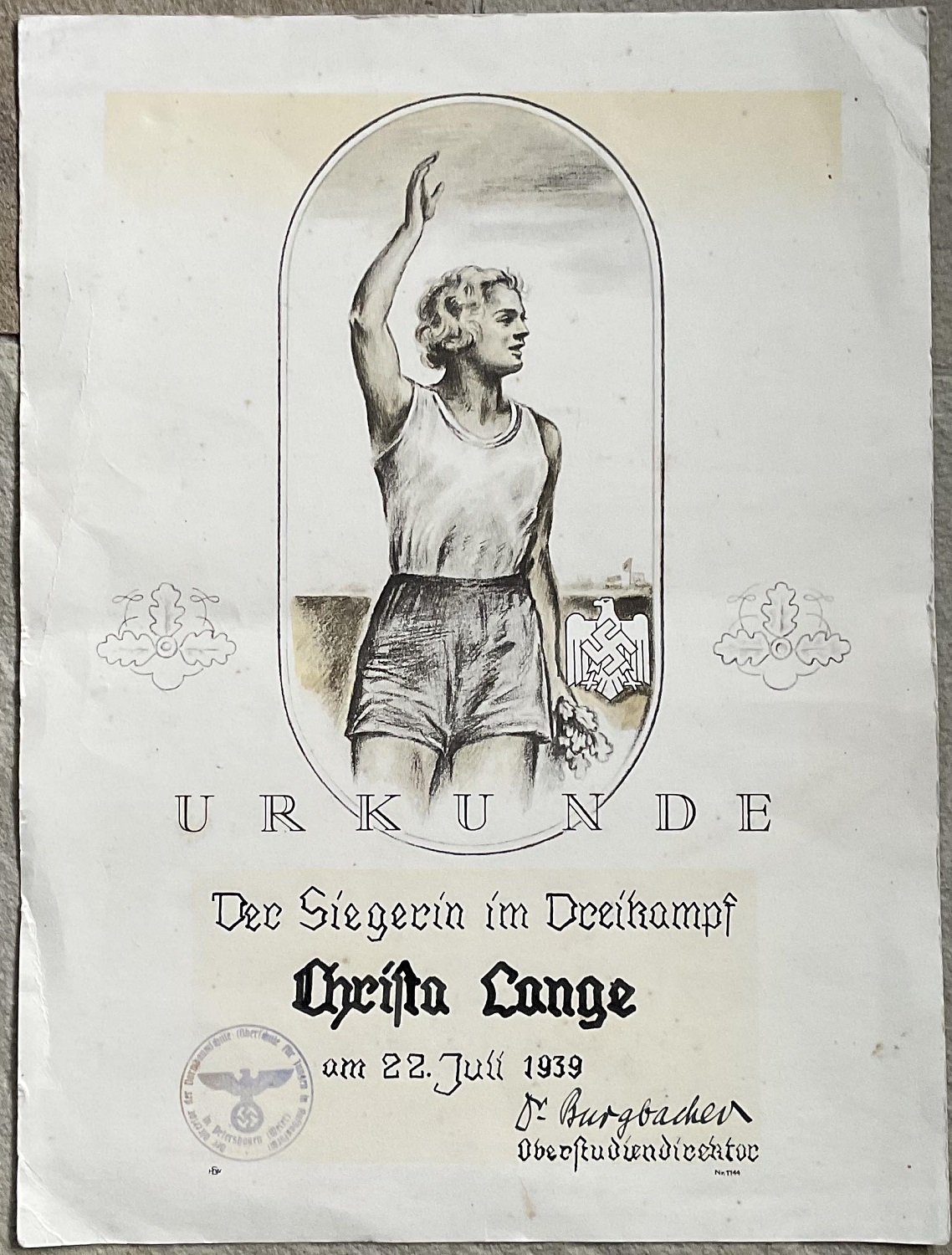 Sporting certificate girl Petershagen 1939 winner three-part competition