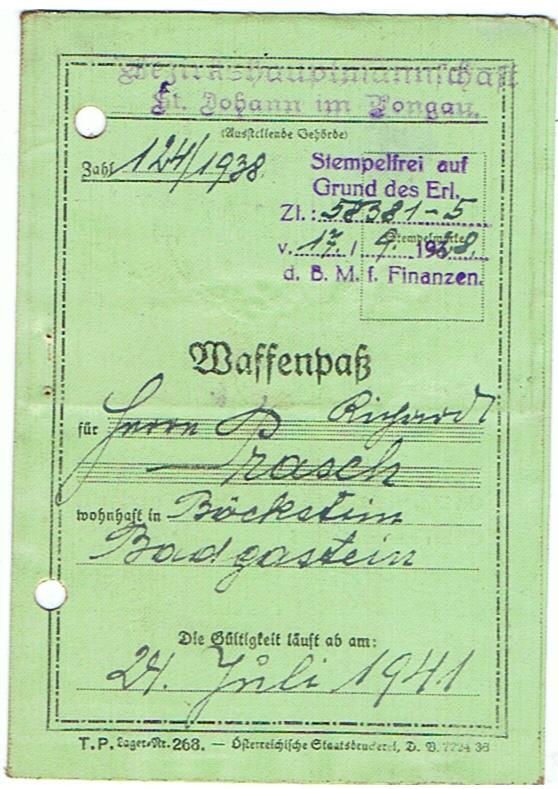 Weapon license Waffenpass Böckstein Austria 1938-1941