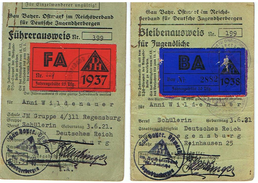 DJH German youth hostels passes DJ girl Jungmädelgruppe Regensburg 1936-1938