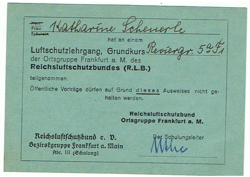 Luftschutz course participation card Grundkurs Ortsgruppe Frankfurt