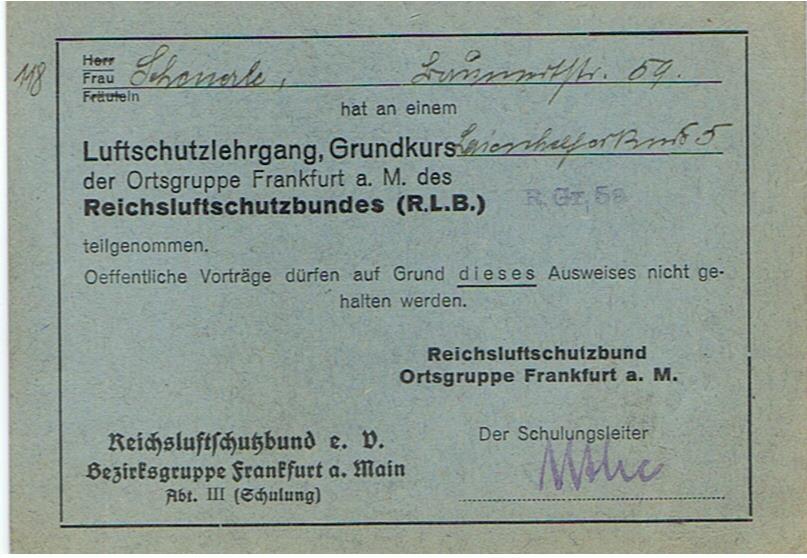 Luftschutz course participation card Grundkurs Ortsgruppe Frankfurt #2
