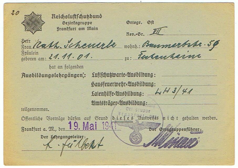 Luftschutz course participation card Ortsgruppe Frankfurt 1941