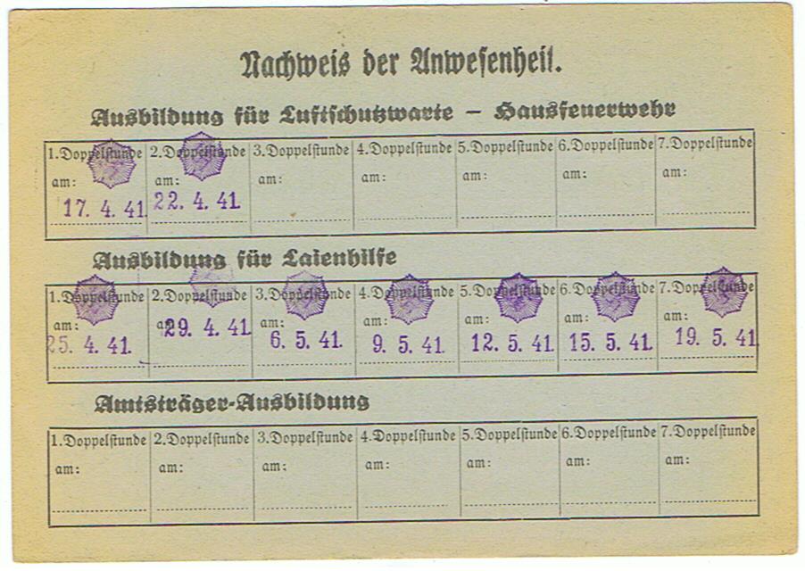 Luftschutz course participation card Ortsgruppe Frankfurt 1941 - Image 2