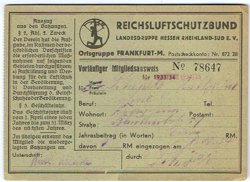 Luftschutz memberships card 1933-1934 Ortsgruppe Frankfurt