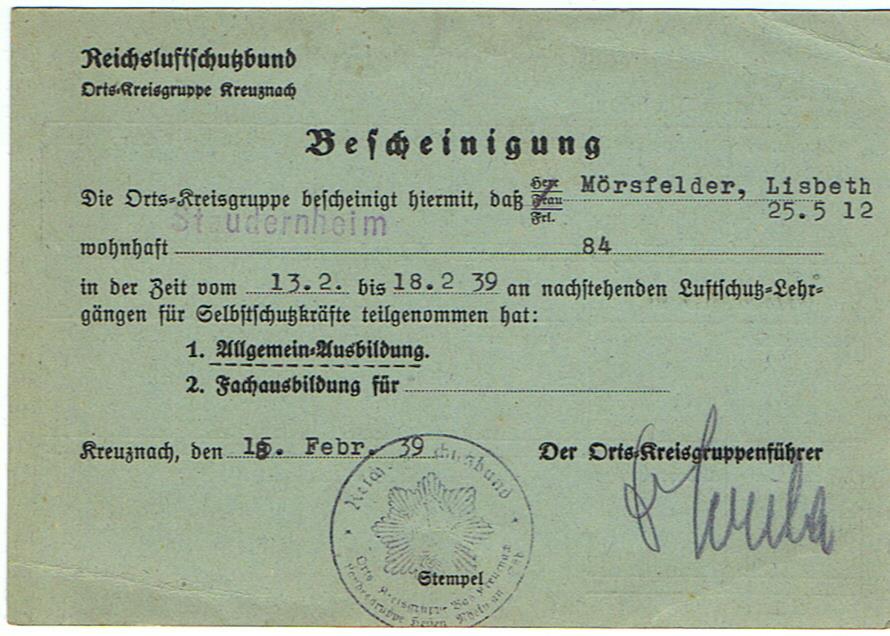 Luftschutz course participation card Ortsgruppe Kreuznach 1939