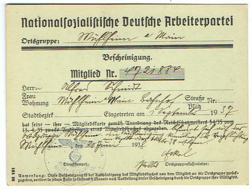 NSDAP card for stating membership Mühlheim 1938