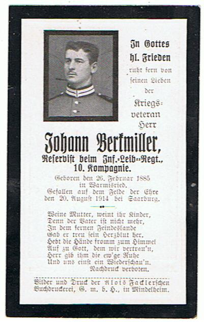 Death card reservist Infanterie-Leib-Regiment KIA 1914 Saarburg.