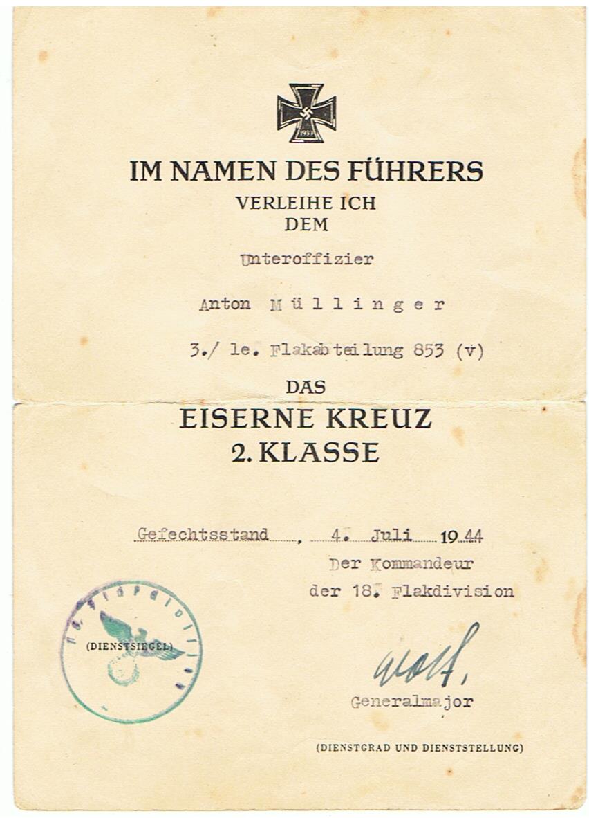 EK2 Unteroffizier leichte Flak-Abteilung 853 Bobruisk Russia 1944