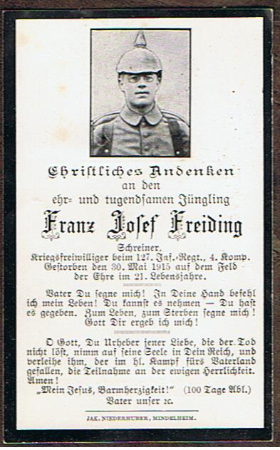 Death card war volunteer 127.Infanterie-Regiment KIA 1915 France