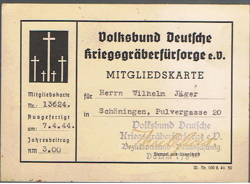 Memberships card Volksbund Deutsche Kriegsgräberfürsorge 1944