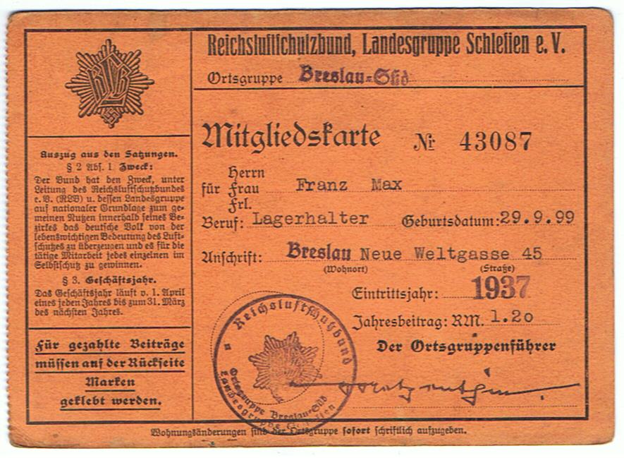 Luftschutz memberships card 1937 Ortsgruppe Breslau-Süd Landesgruppe Schlesien