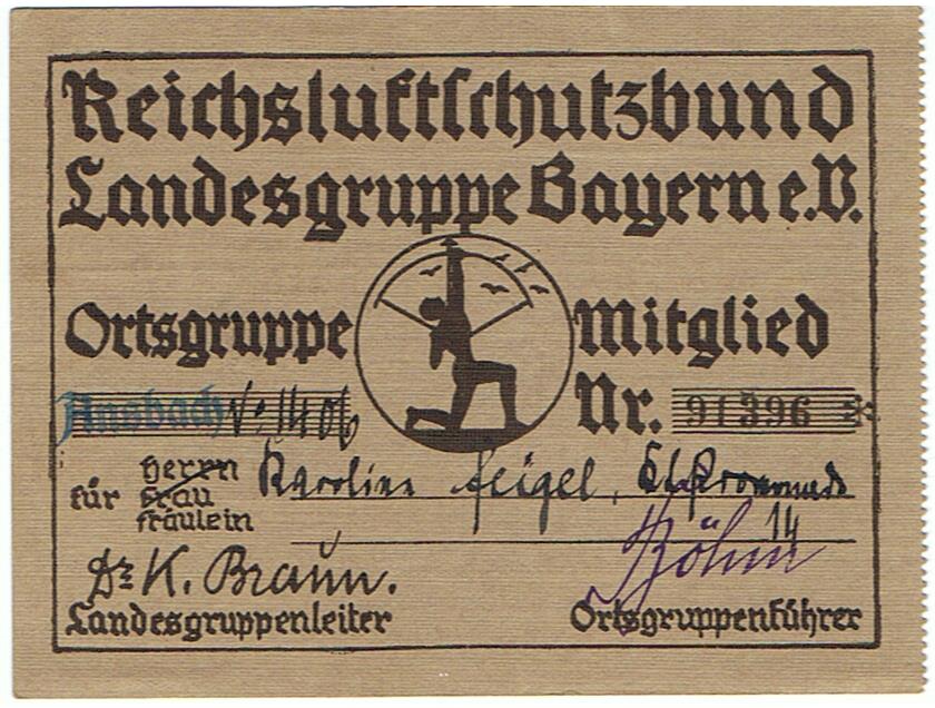 Luftschutz memberships card 1934 Ortsgruppe Ansbach Landesgruppe Bayern