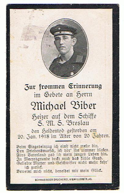 Death card stoker battle ship SMS Breslau KIA 1918 Battle of Imbros