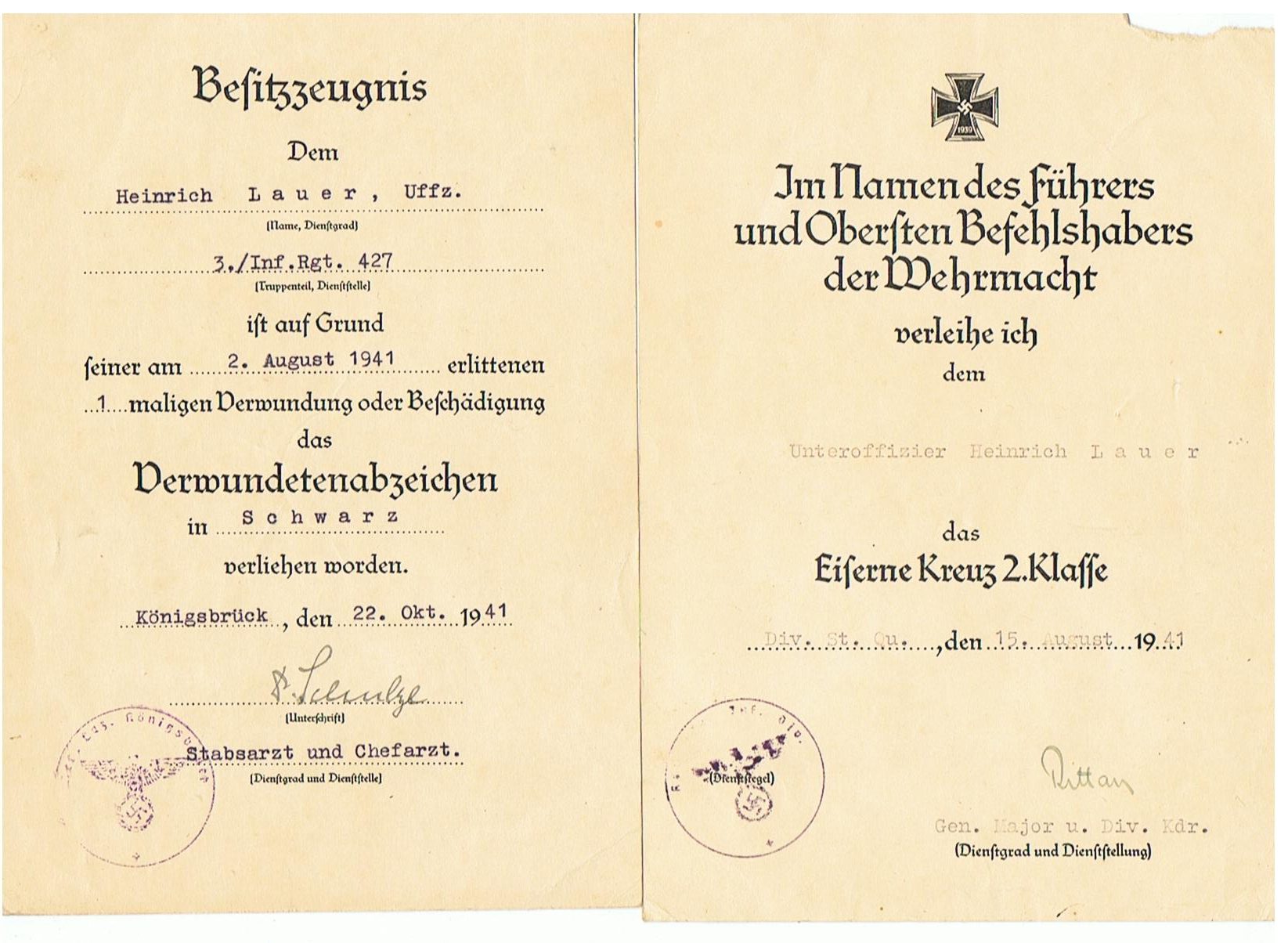 EK2 and VWA Unteroffizier Infanterie-Regiment 427 129.Infanterie-Division Russia 1941
