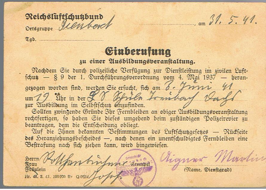 Luftschutz course call-up card Luftschutz Schule Treubach 1941