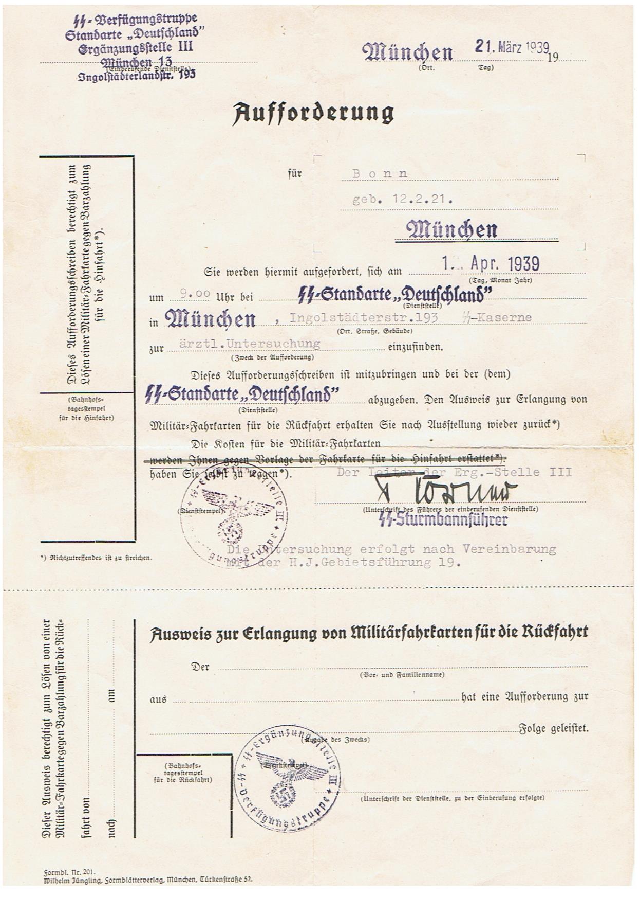 SS-VT call-up document 1939 SS-Standarte Deutschland